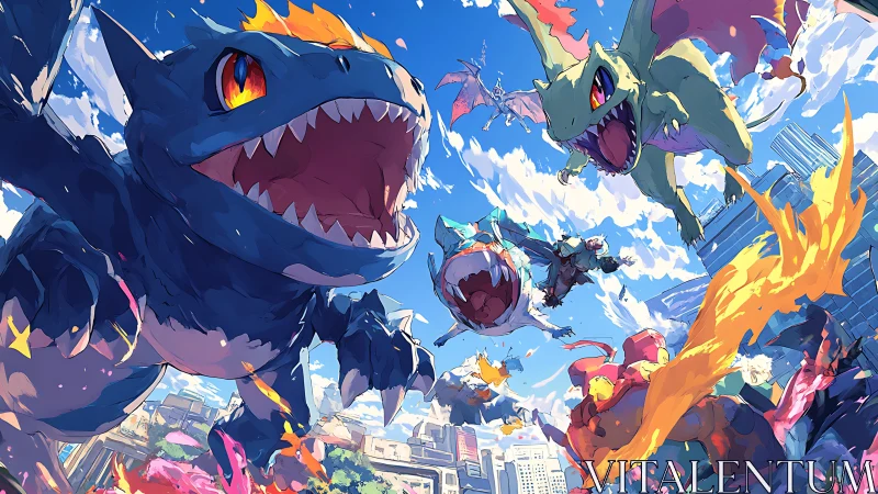 Colossal elemental creatures rampage above a sunlit cityscape.