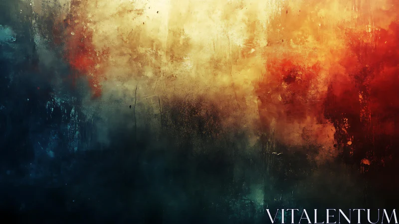 Abstract misty landscape with rich blue, gold, and red textures.