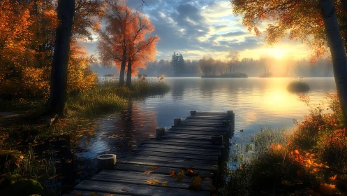 Gentle autumn sunrise over a quiet lakeside wooden dock.