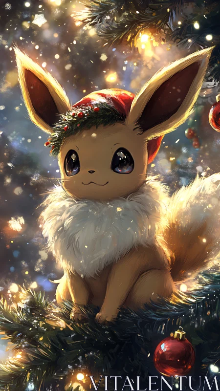 Cute foxlike creature wears Santa hat amid glowing tree