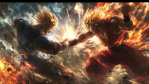 Explosive duel of fiery warriors amid shattering energy field.