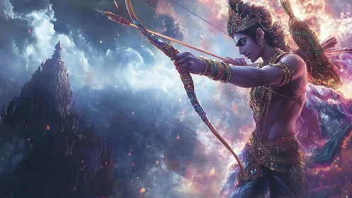 Celestial archer draws a mythic bow of stormfire resolve.