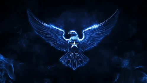Glowing neon eagle emblem with radial blue rim lighting and smoke