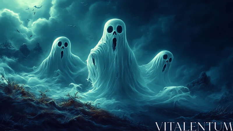 Three spectral ghosts rising in a dark misty night landscape.