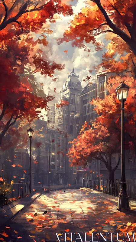 Autumn city boulevard with lampposts and distant clocktower dome