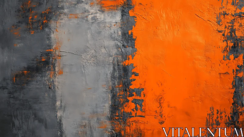 Bold abstract painting with textured gray and orange color blocks.