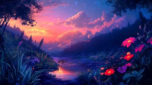 Enchanted river glows beneath a vivid sunset sky of dreams