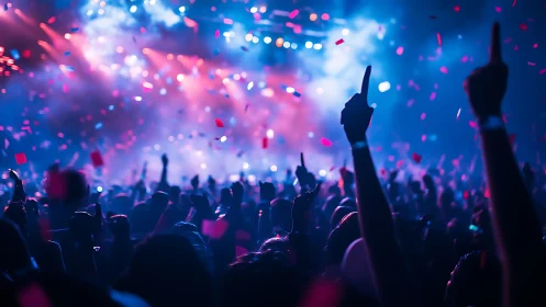 Concert crowd under pink and blue stage lights at night.