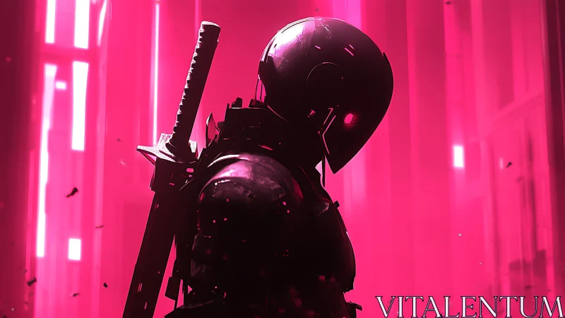 Cyberpunk katana operative in neon-saturated vertical glow field.
