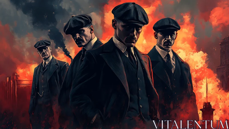 Four stern men in suits before burning industrial city.