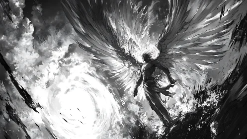 Storm-torn heavens accept a winged sentinel in blinding light