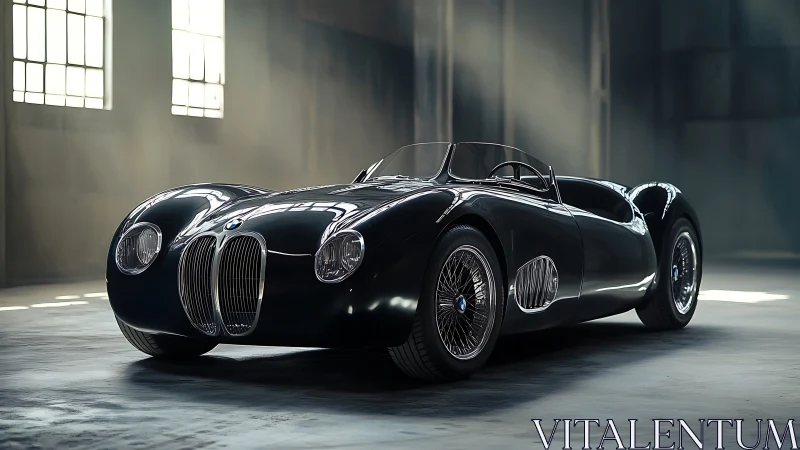 Sleek vintage roadster rests in dramatic warehouse light