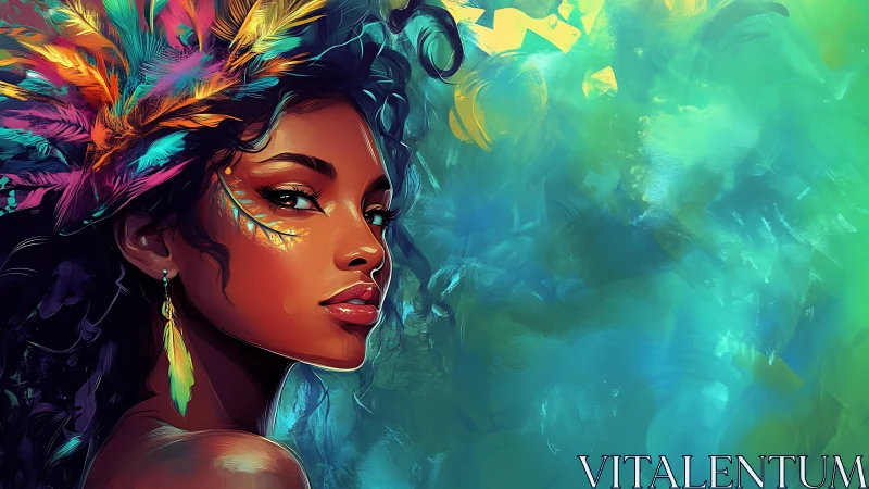 Mystic portrait shows woman with vibrant feathered headdress