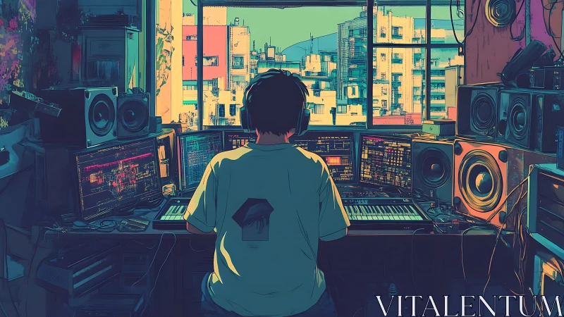 Urban studio producer at multi-screen synth workstation.