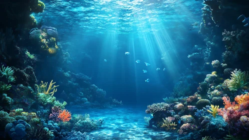 Digital painting of sunlit coral reef basin with fish schools.