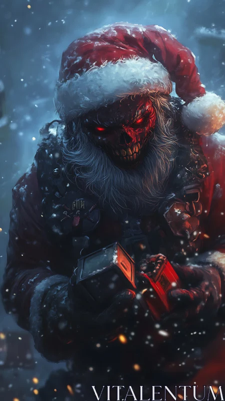 Nightmare Santa studies cursed gifts in the blizzard glow