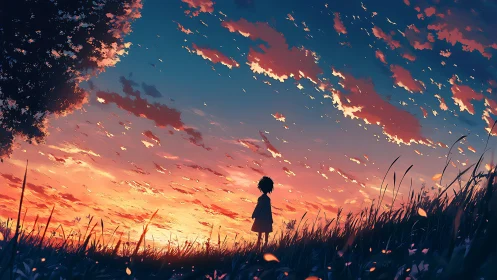 Silhouetted child in grassy field under vivid sunset sky.