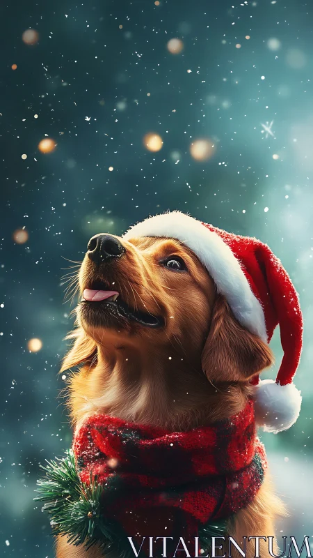 Golden dog wears Santa hat under softly falling snow