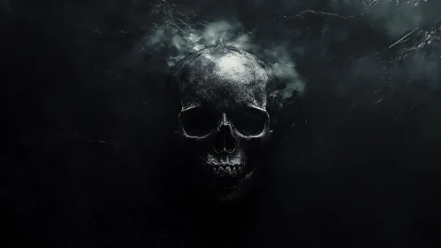 Smoldering metallic skull emerging from dark void background.