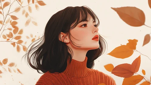 Side profile illustration of woman amid brown autumn leaves.