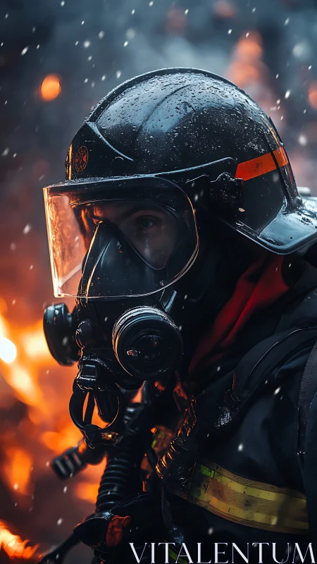 Firefighter in wet helmet and mask moves through active flames