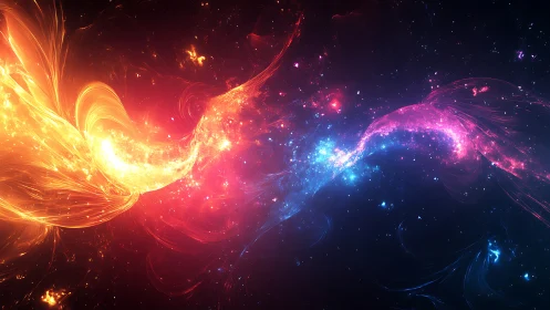 Cosmic energy streams collide in vibrant nebular currents.