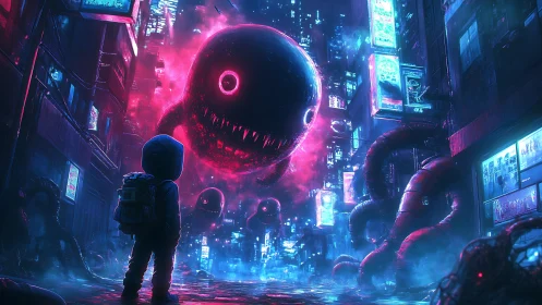 Neon kaiju entities confront a lone child in cyberpunk alley