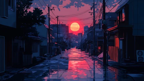 Neon dusk strolls quietly down a rain slick city street