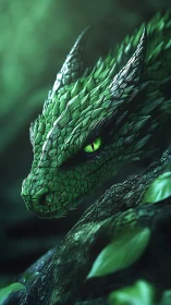 Forest dragon resting in emerald light and quiet wonder.