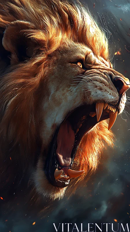 Roaring lion portrait in dramatic ember lit closeup.