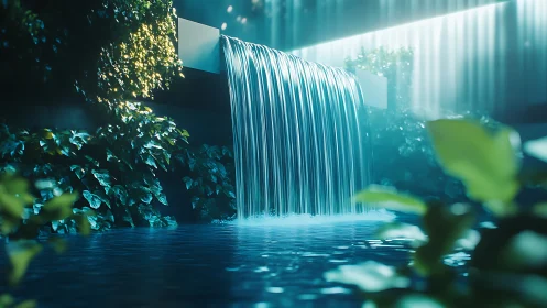 Waterfall curtain glides from modern terrace into quiet pool