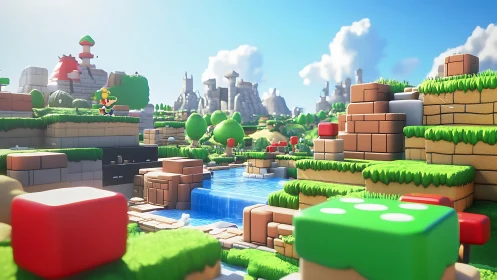 Bright game world unfolds with sunny blocks and rushing river