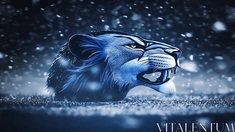 Blue-tinted lion head rendered in high-contrast digital lighting snowfall