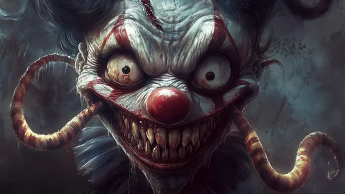 Grotesque killer clown portrait with tentacle-like grin.