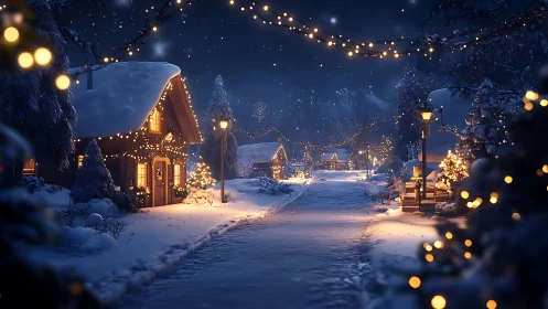 Snow-dusted village lane glows under quiet winter starlight