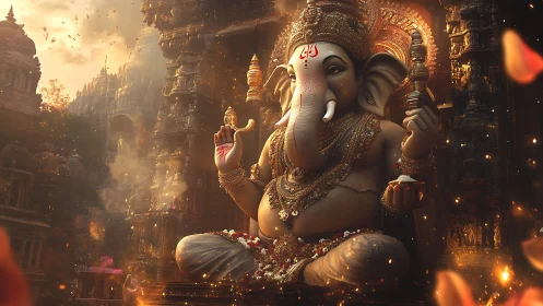 Luminous Ganesh monument amid volumetric temple aerosols.