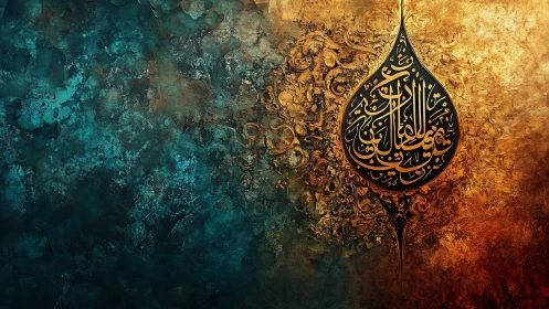 Teardrop arabic calligraphy over teal and golden textured field.