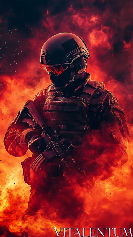 Helmed ember warden marching through a burning horizon.