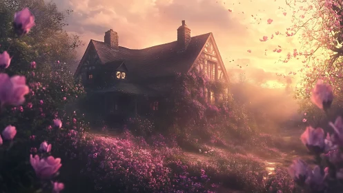 Countryside cottage in dense flowering garden at sunset.