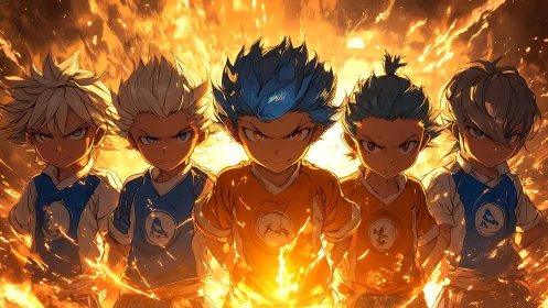 Fiery soccer squad standing strong in blazing golden light.