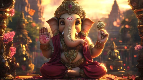 Digital render shows seated Ganesha figure in temple setting