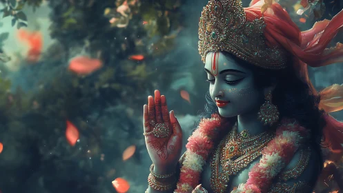 Divine blue deity in jeweled crown amid falling petals.