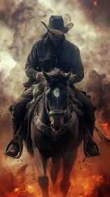 Lone cowboy rides through fire and smoke in a dramatic charge