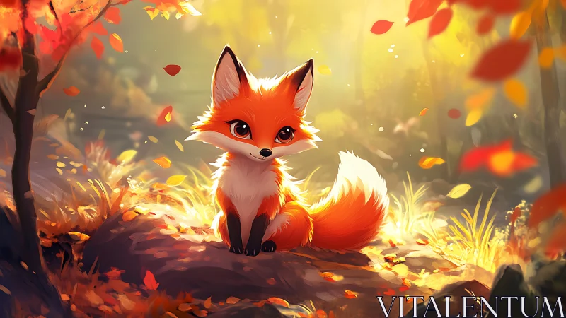 Cute autumn fox rests in glowing forest light and falling leaves