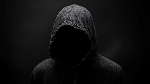 Hooded figure stands centered against low key black background