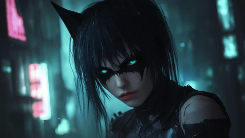 Neon city vigilante with glowing eyes and catlike mask.