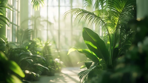 Sunlit greenhouse interior shows layered tropical foliage