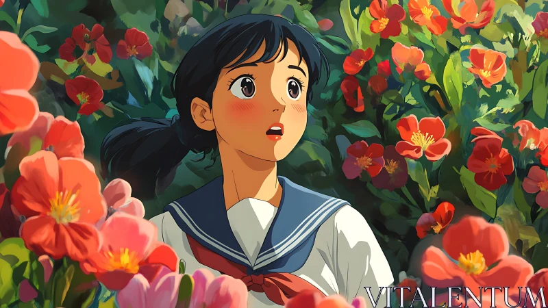 Surprised schoolgirl stands amid vivid red flower garden