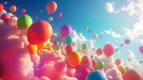 Vibrant balloons drift through glowing pastel cloudscape sky