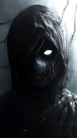 Hooded dark figure with single glowing eye is centrally framed